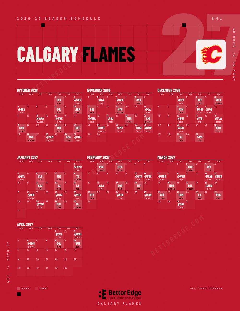 Calgary Flames 2026-27 hockey schedule, free printable, every game with start times and TV
