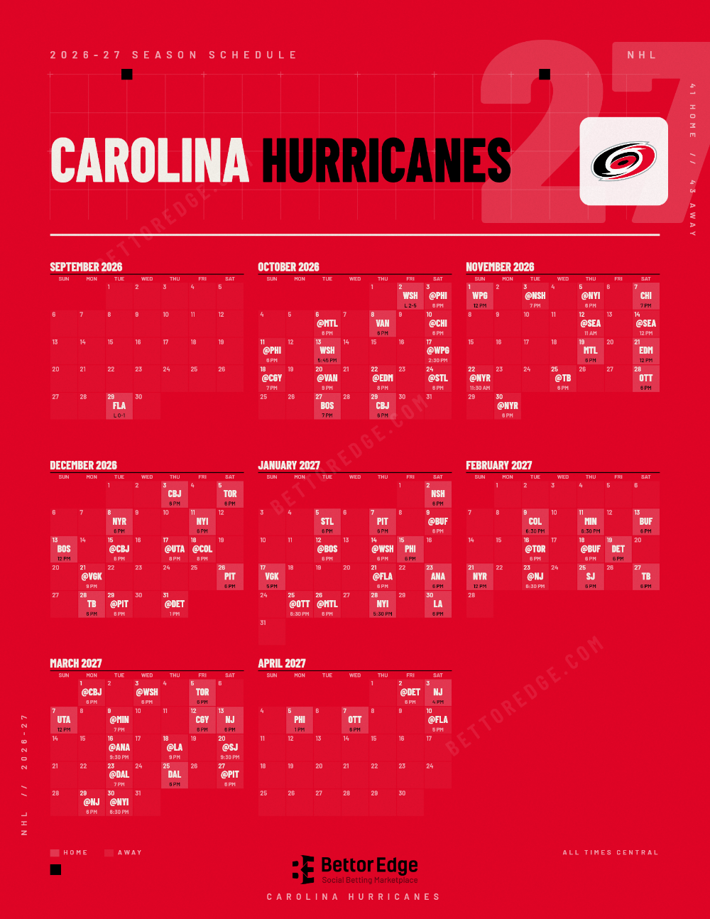 Carolina Hurricanes 2026-27 hockey schedule, free printable, every game with start times and TV
