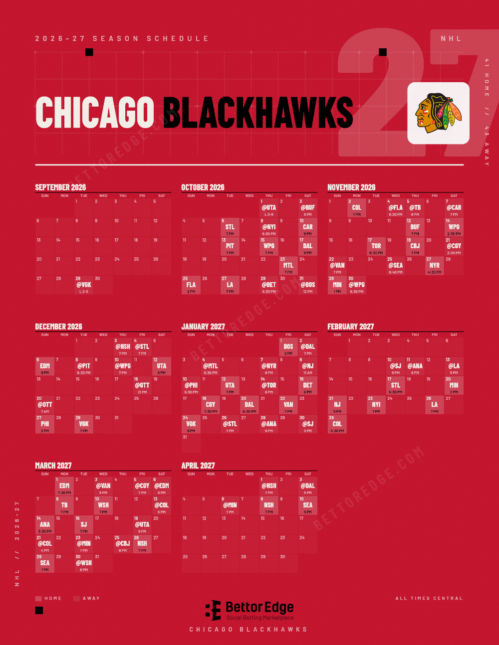 Chicago Blackhawks 2026-27 hockey schedule, free printable, every game with start times and TV