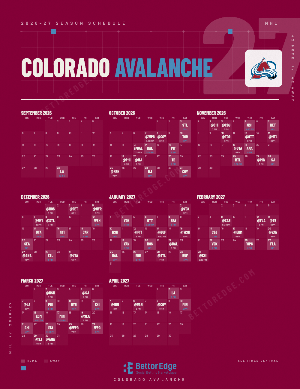 Colorado Avalanche 2026-27 hockey schedule, free printable, every game with start times and TV