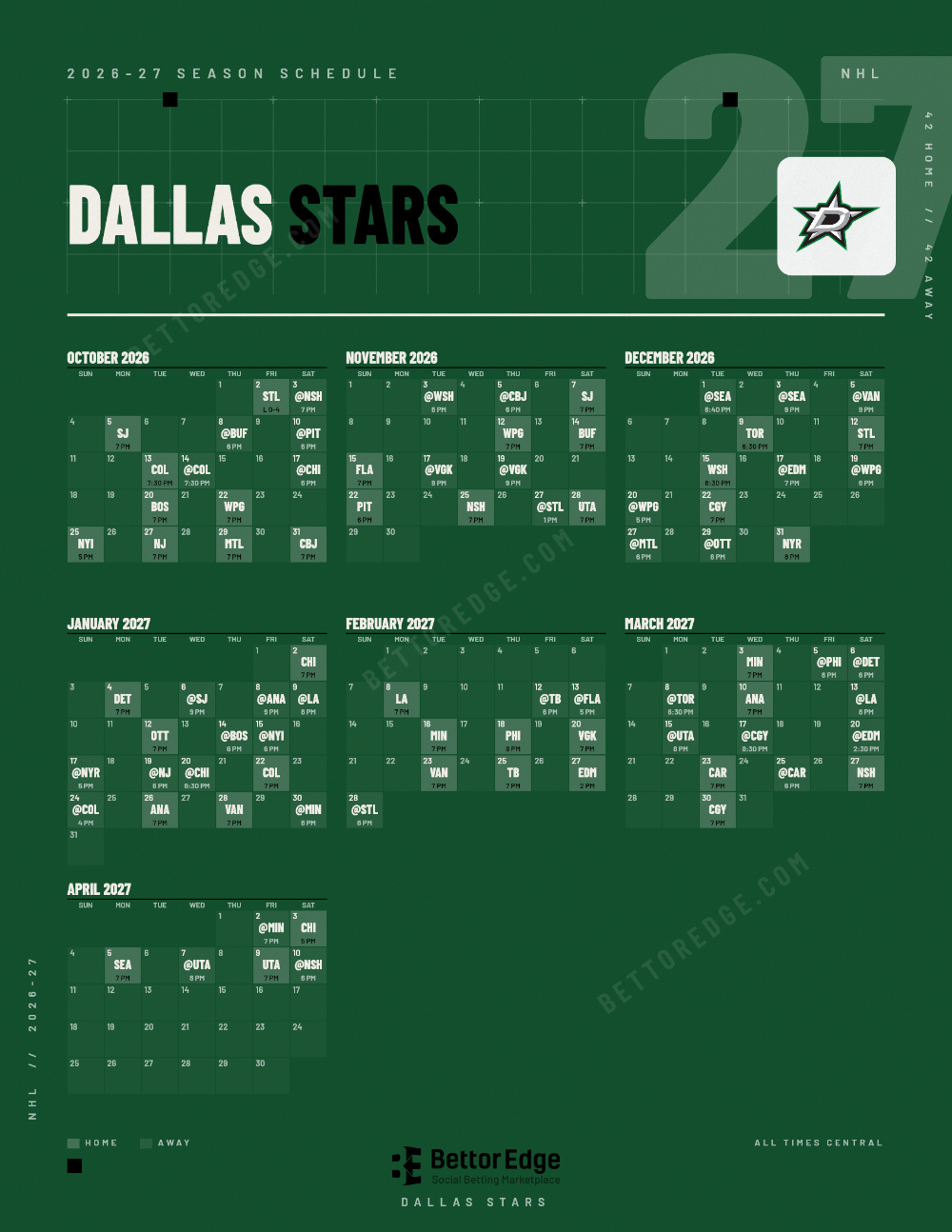 Dallas Stars 2026-27 hockey schedule, free printable, every game with start times and TV