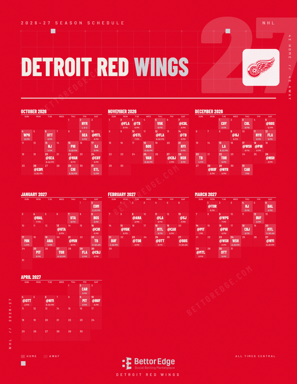 Detroit Red Wings 2026-27 hockey schedule, free printable, every game with start times and TV