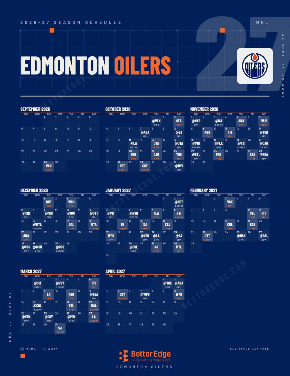 Edmonton Oilers 2026-27 hockey schedule, free printable, every game with start times and TV