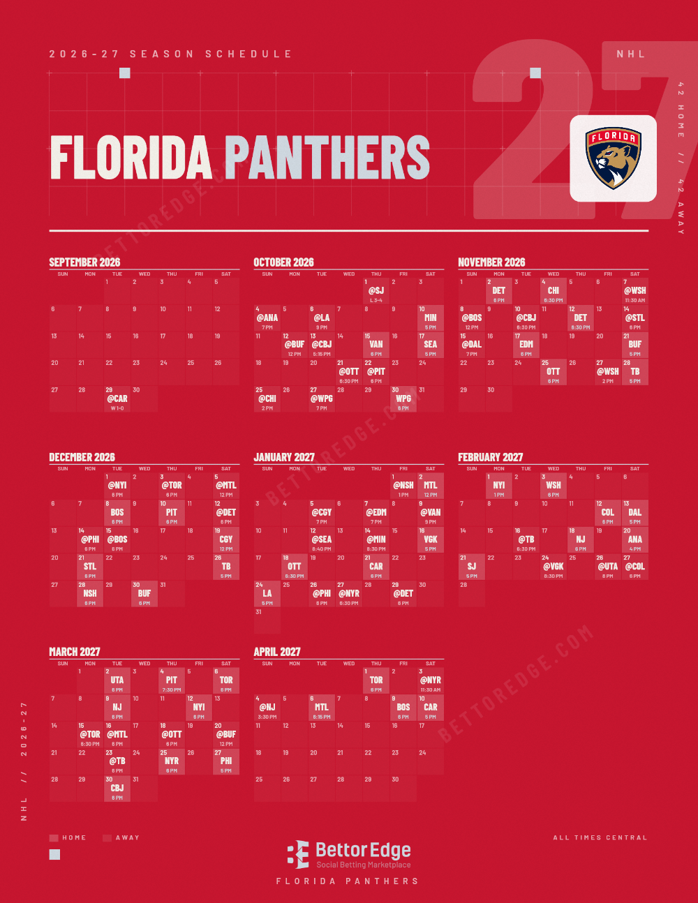 Florida Panthers 2026-27 hockey schedule, free printable, every game with start times and TV