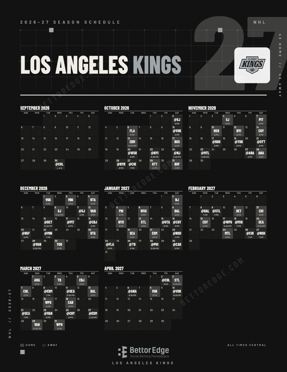 Los Angeles Kings 2026-27 hockey schedule, free printable, every game with start times and TV