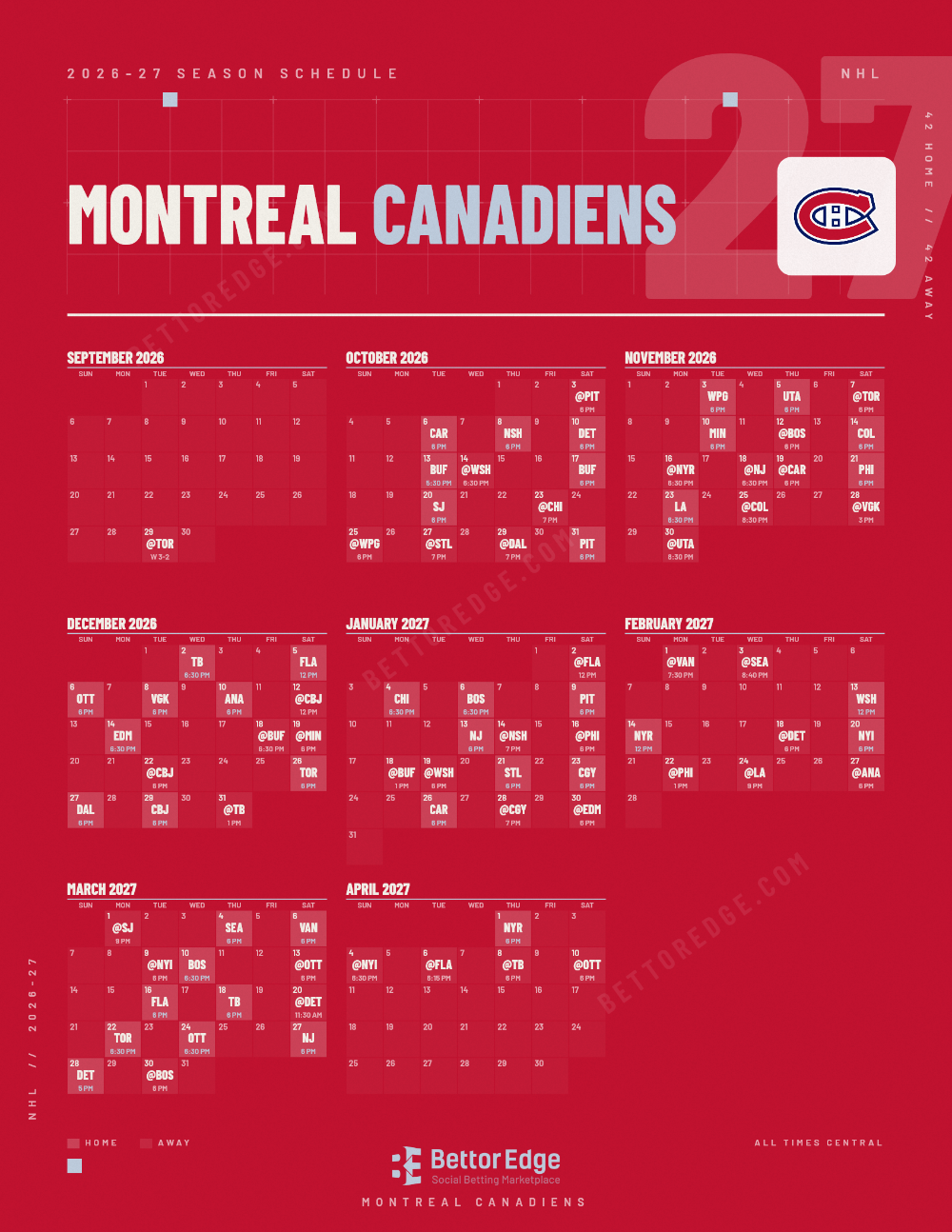 Montreal Canadiens 2026-27 hockey schedule, free printable, every game with start times and TV