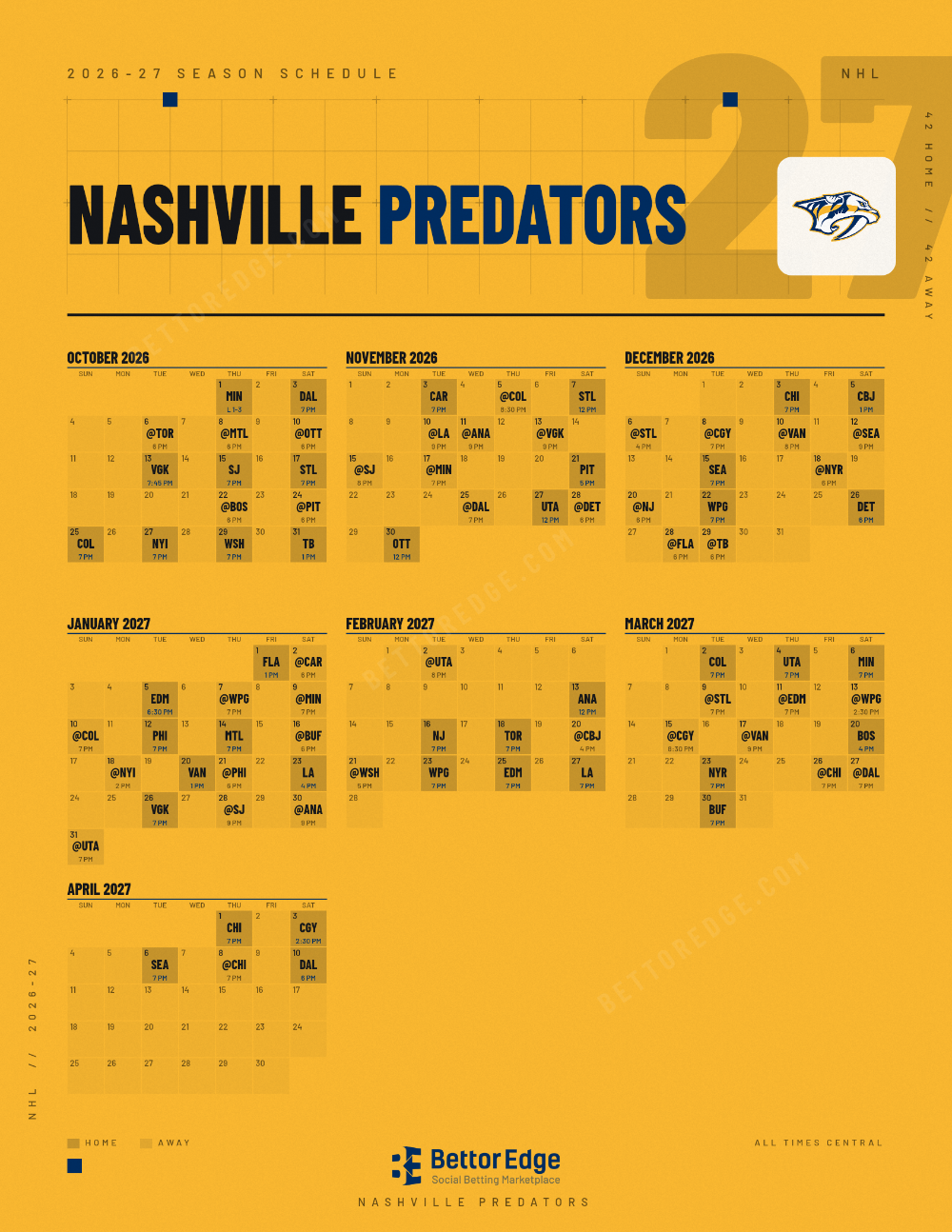 Nashville Predators 2026-27 hockey schedule, free printable, every game with start times and TV