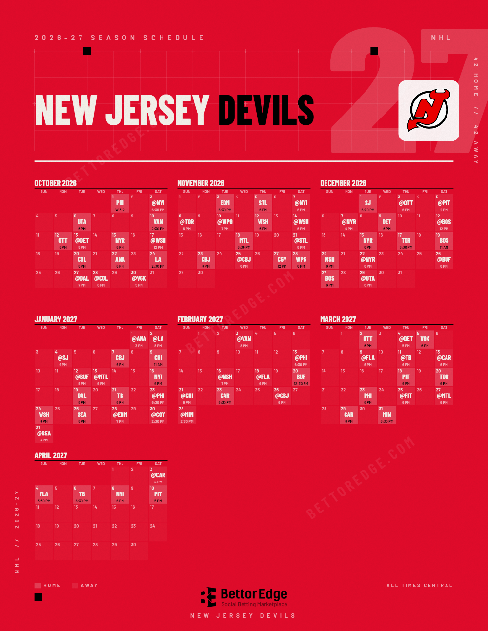 New Jersey Devils 2026-27 hockey schedule, free printable, every game with start times and TV