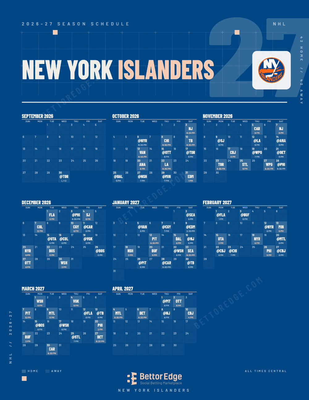 New York Islanders 2026-27 hockey schedule, free printable, every game with start times and TV