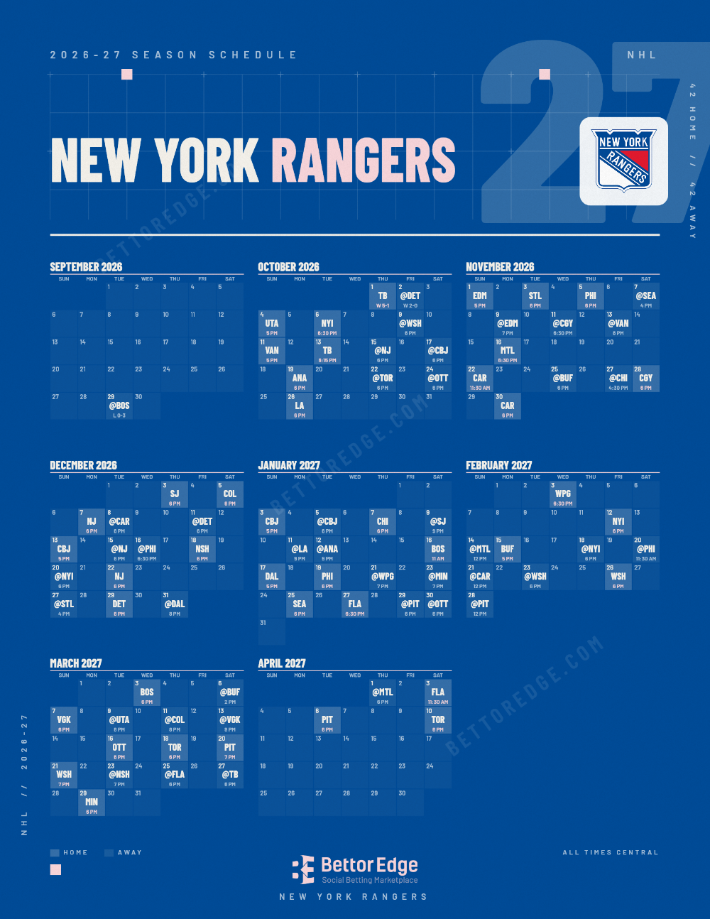 New York Rangers 2026-27 hockey schedule, free printable, every game with start times and TV