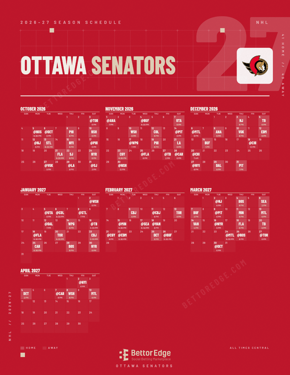 Ottawa Senators 2026-27 hockey schedule, free printable, every game with start times and TV