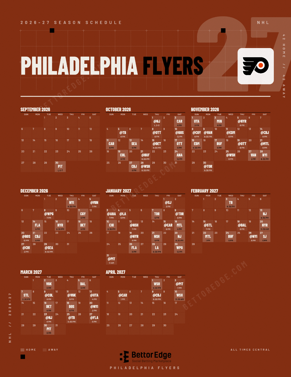 Philadelphia Flyers 2026-27 hockey schedule, free printable, every game with start times and TV