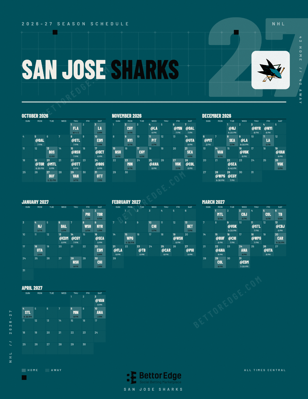 San Jose Sharks 2026-27 hockey schedule, free printable, every game with start times and TV