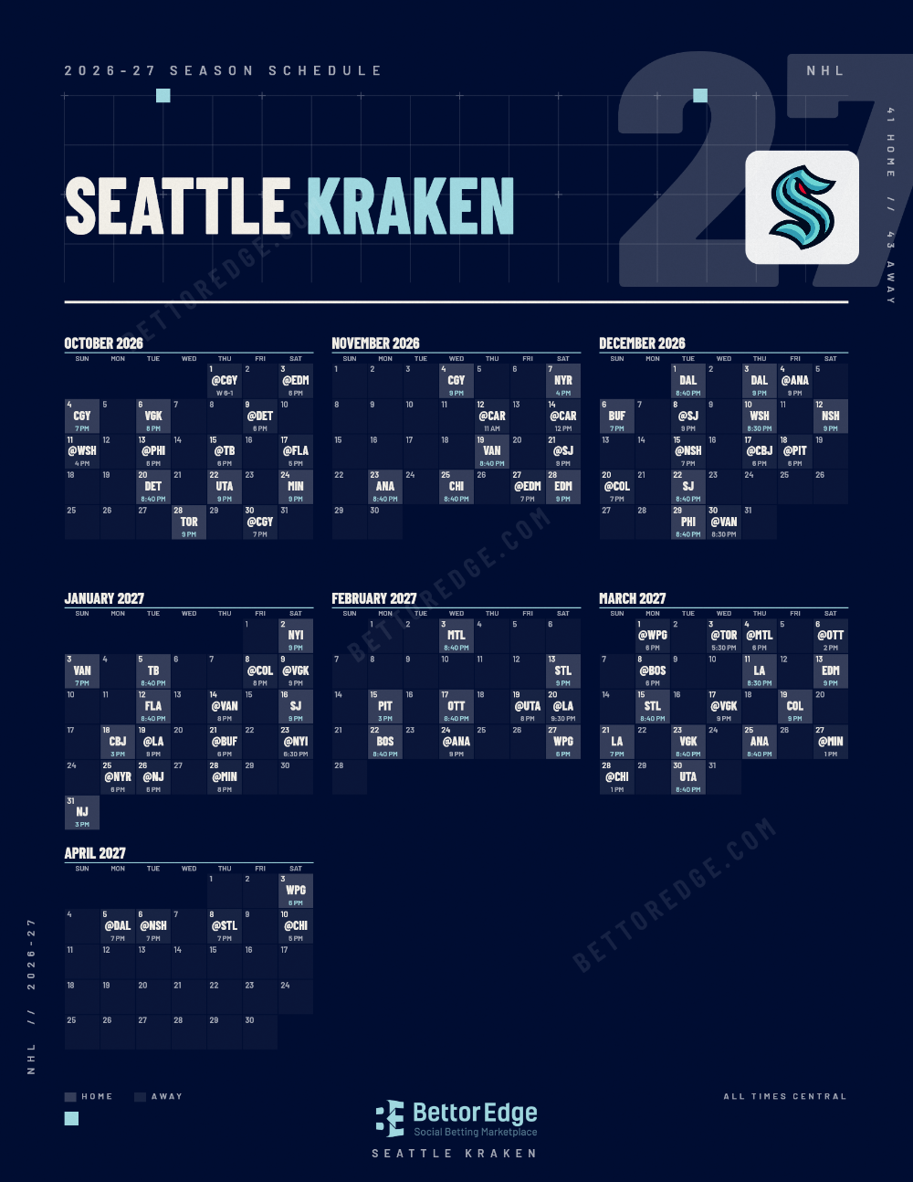 Seattle Kraken 2026-27 hockey schedule, free printable, every game with start times and TV