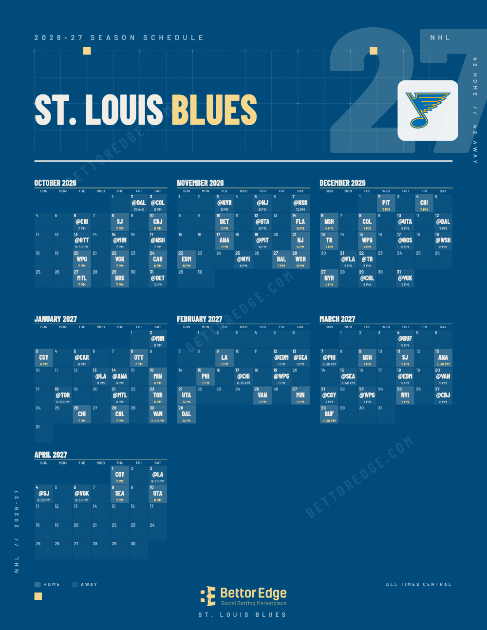 St. Louis Blues 2026-27 hockey schedule, free printable, every game with start times and TV