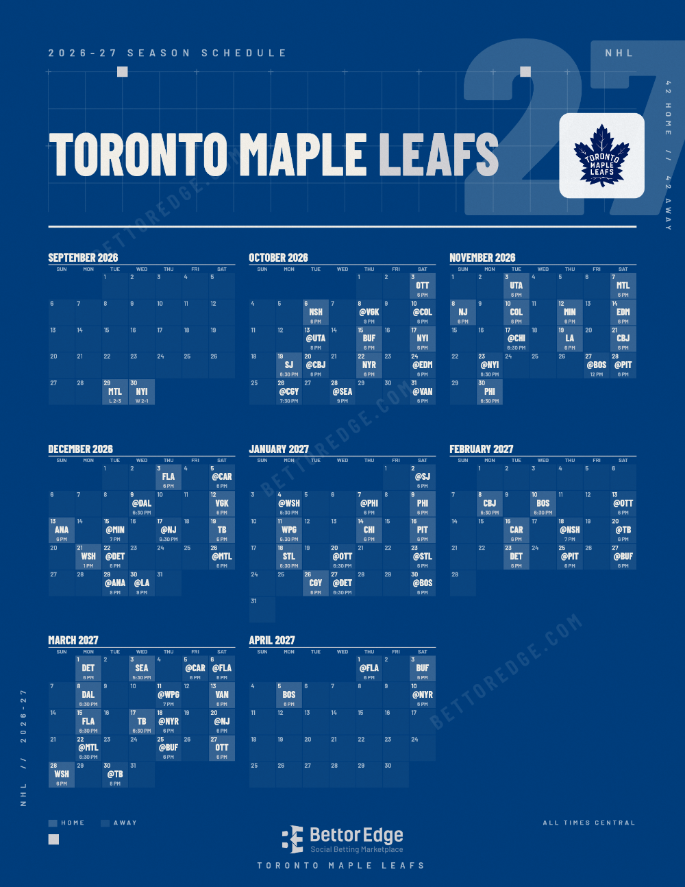 Toronto Maple Leafs 2026-27 hockey schedule, free printable, every game with start times and TV