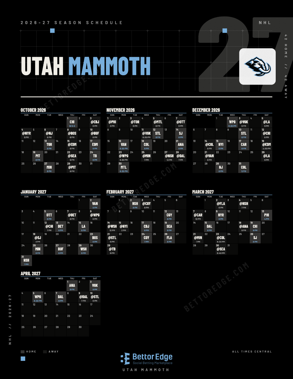 Utah Mammoth 2026-27 hockey schedule, free printable, every game with start times and TV