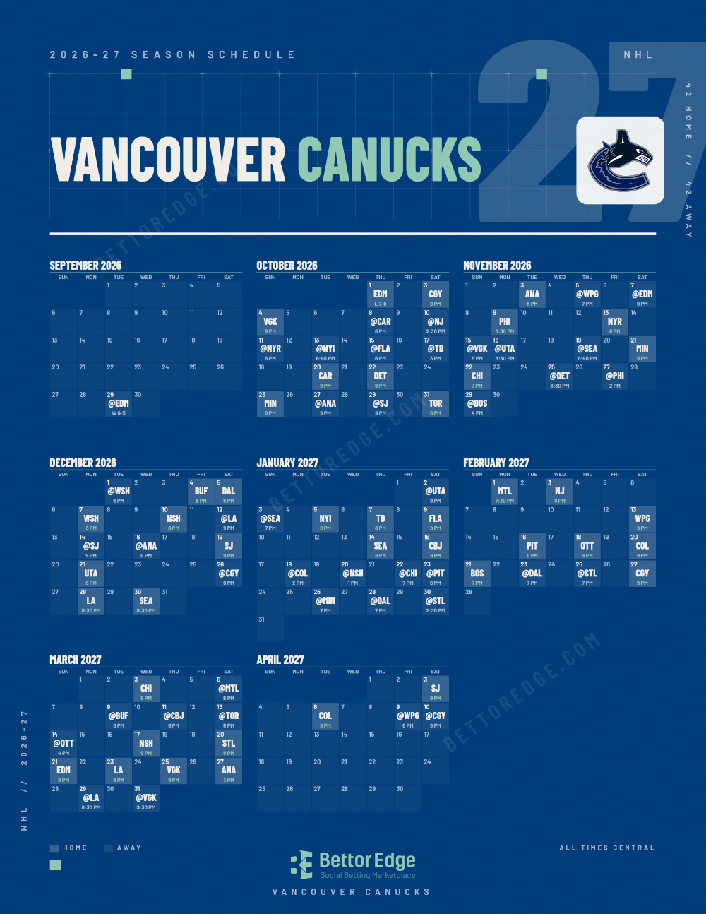 Vancouver Canucks 2026-27 hockey schedule, free printable, every game with start times and TV