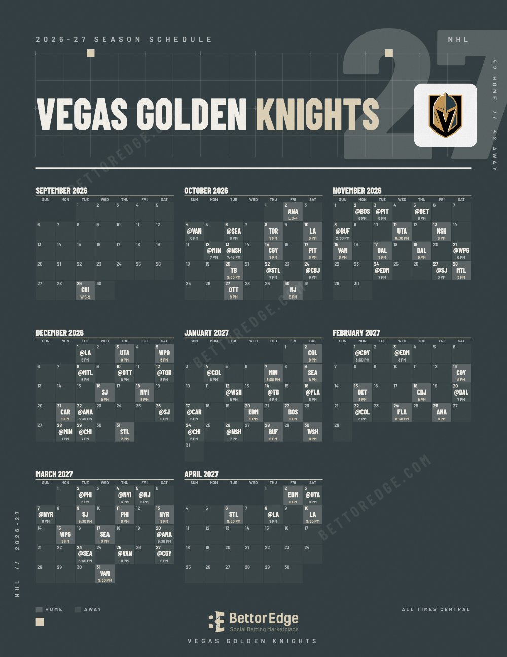 Vegas Golden Knights 2026-27 hockey schedule, free printable, every game with start times and TV