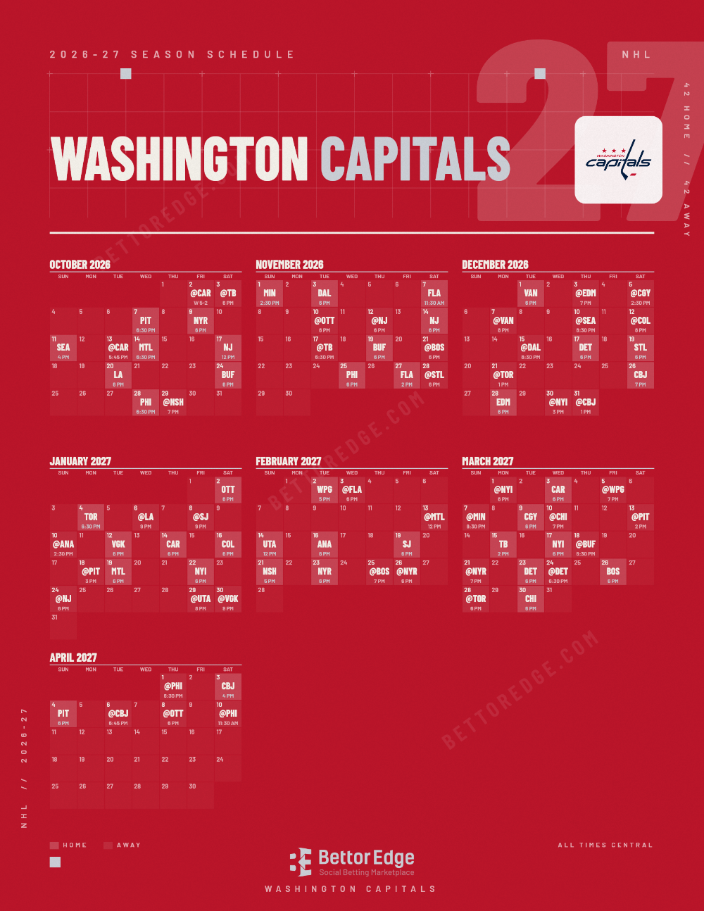 Washington Capitals 2026-27 hockey schedule, free printable, every game with start times and TV