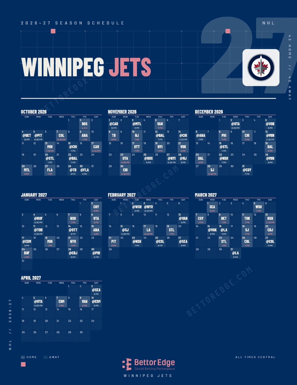 Winnipeg Jets 2026-27 hockey schedule, free printable, every game with start times and TV