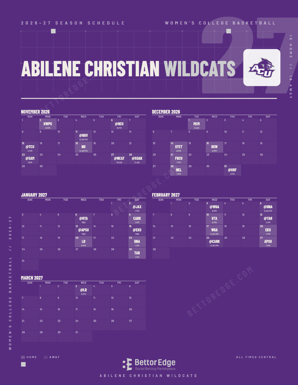 Abilene Christian Wildcats 2026-27 women's basketball schedule, free printable, every game with start times and TV