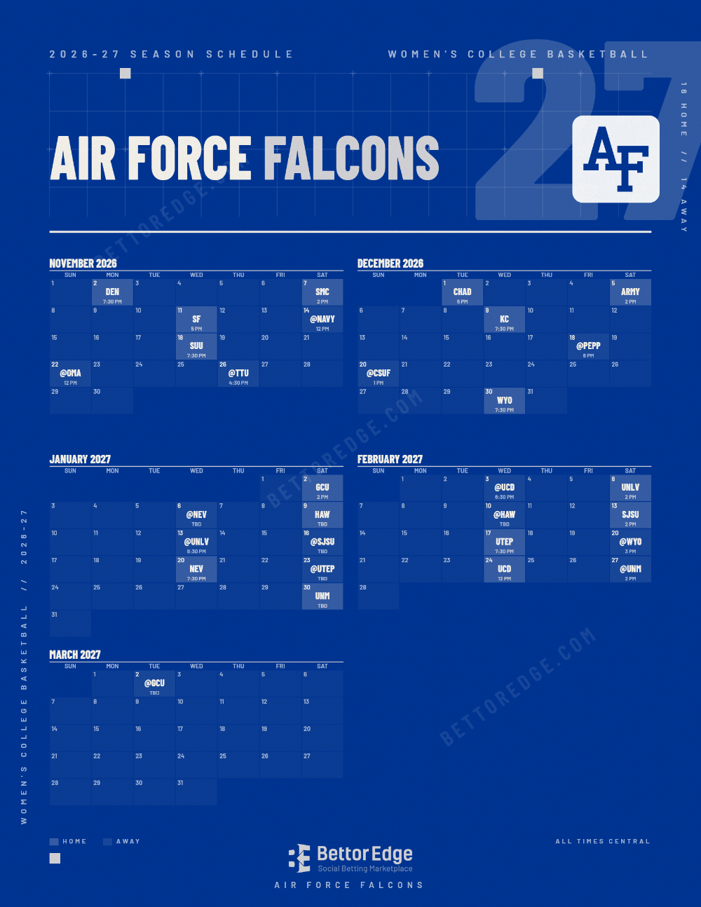 Air Force Falcons 2026-27 women's basketball schedule, free printable, every game with start times and TV
