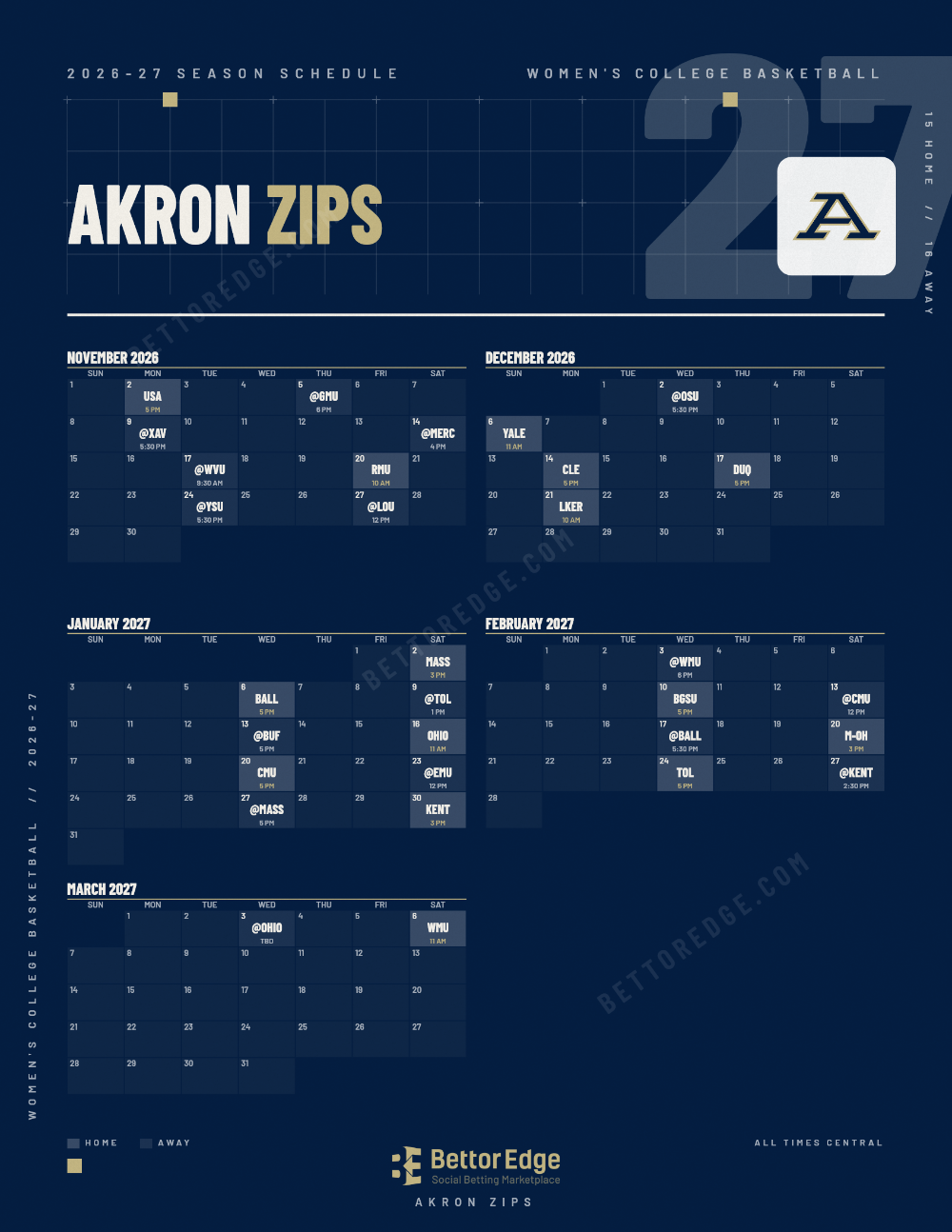 Akron Zips 2026-27 women's basketball schedule, free printable, every game with start times and TV