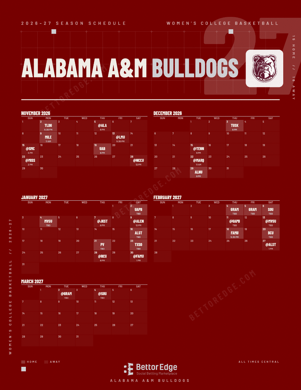 Alabama A&M Bulldogs 2026-27 women's basketball schedule, free printable, every game with start times and TV