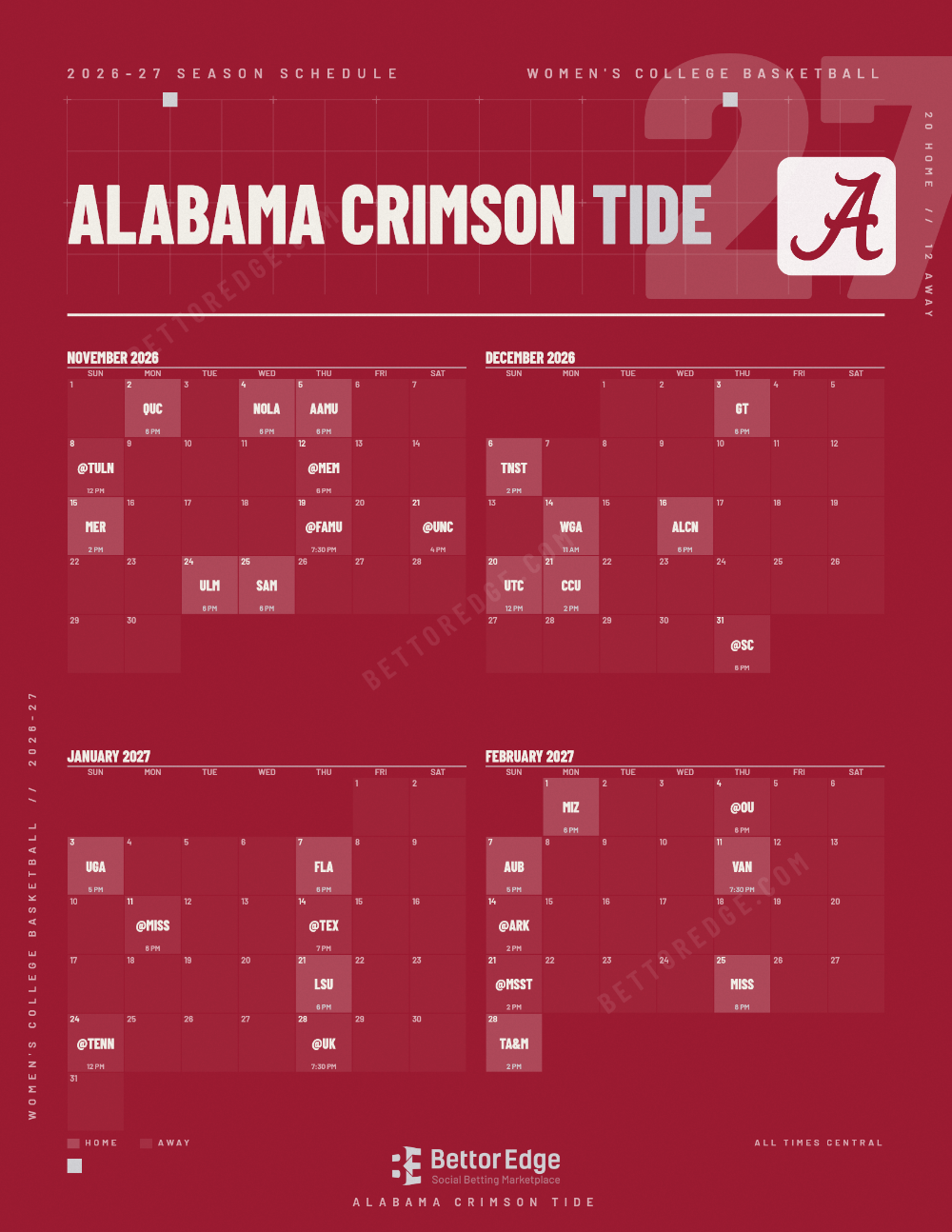 Alabama Crimson Tide 2026-27 women's basketball schedule, free printable, every game with start times and TV