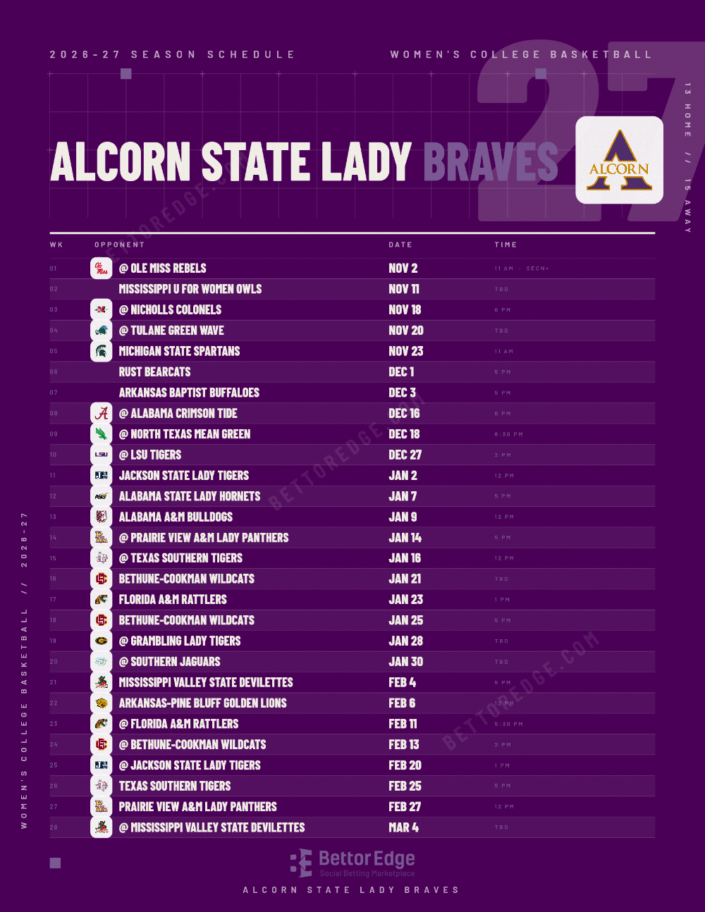 Alcorn State Lady Braves 2026-27 women's basketball schedule, free printable, every game with start times and TV