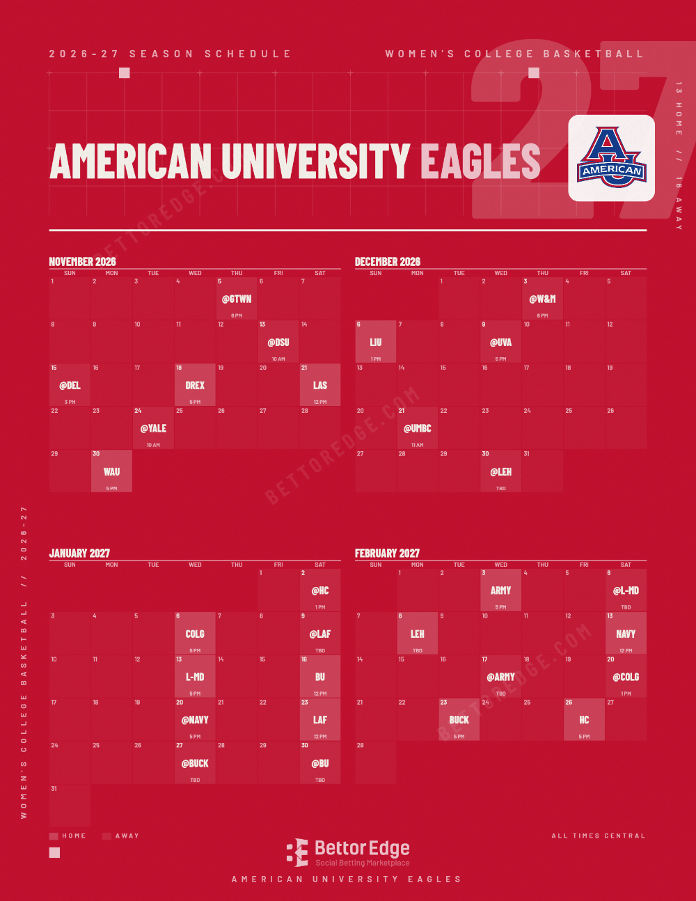 American University Eagles 2026-27 women's basketball schedule, free printable, every game with start times and TV