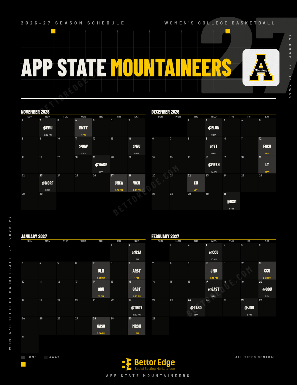 App State Mountaineers 2026-27 women's basketball schedule, free printable, every game with start times and TV