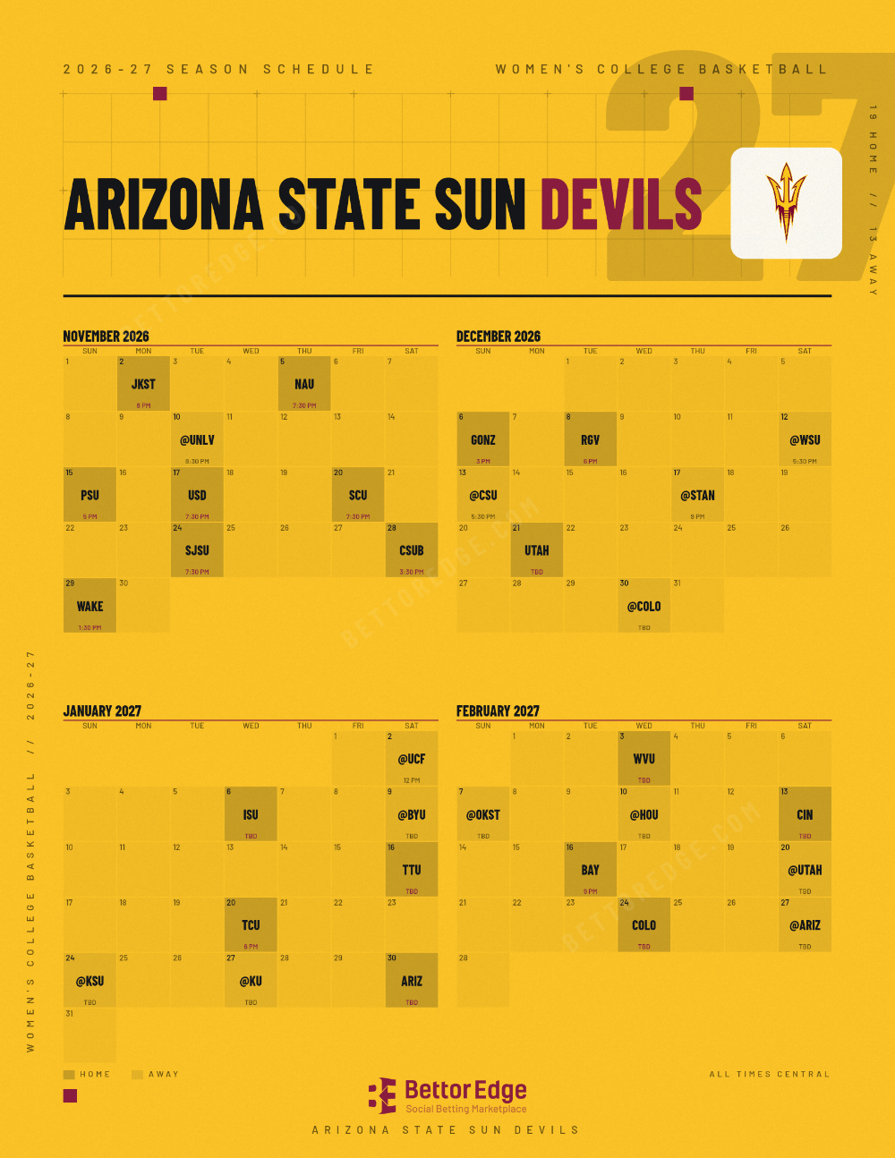 Arizona State Sun Devils 2026-27 women's basketball schedule, free printable, every game with start times and TV