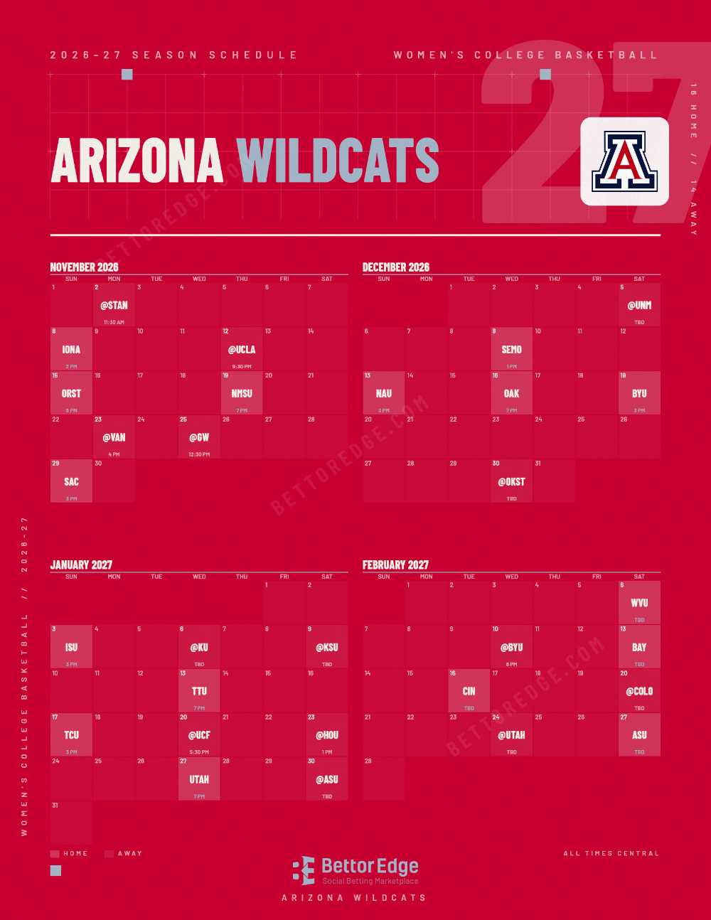 Arizona Wildcats 2026-27 women's basketball schedule, free printable, every game with start times and TV