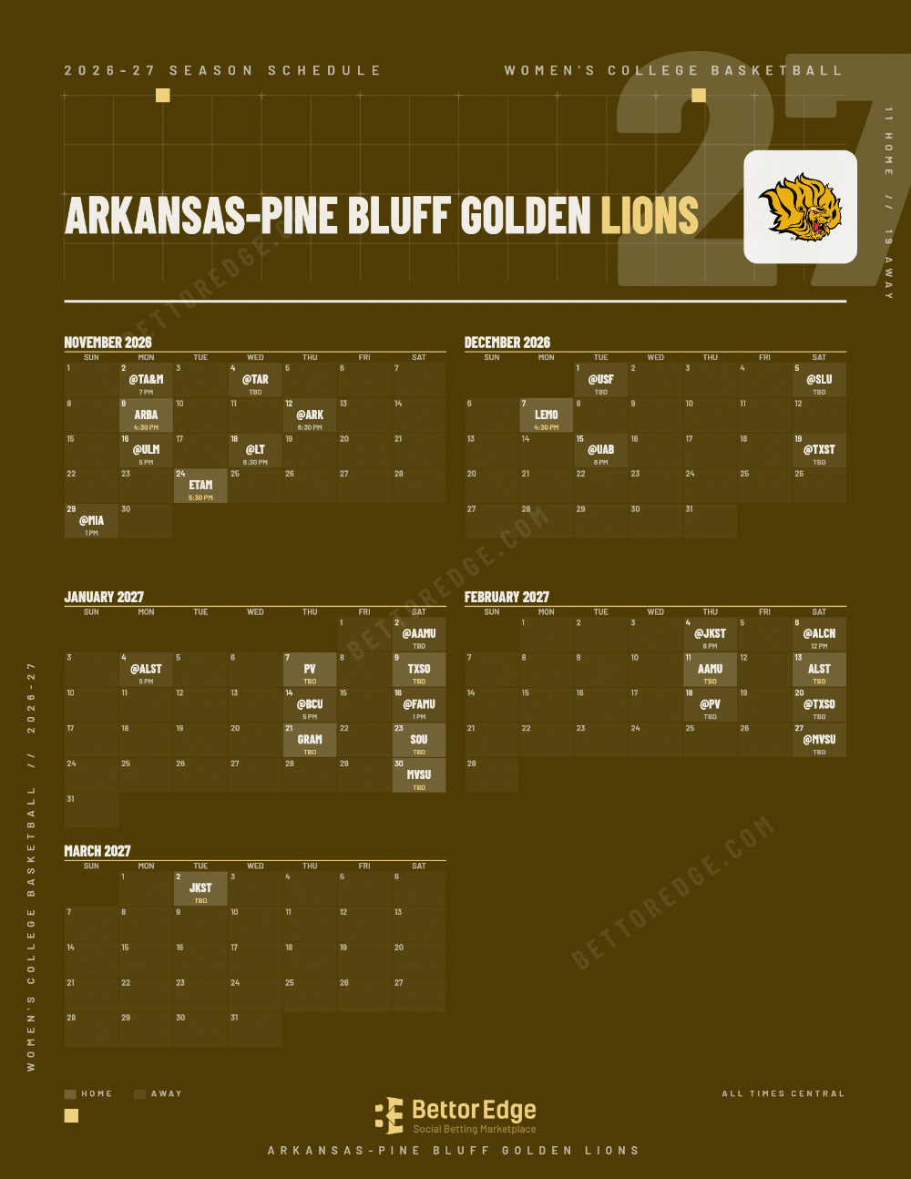 Arkansas-Pine Bluff Golden Lions 2026-27 women's basketball schedule, free printable, every game with start times and TV