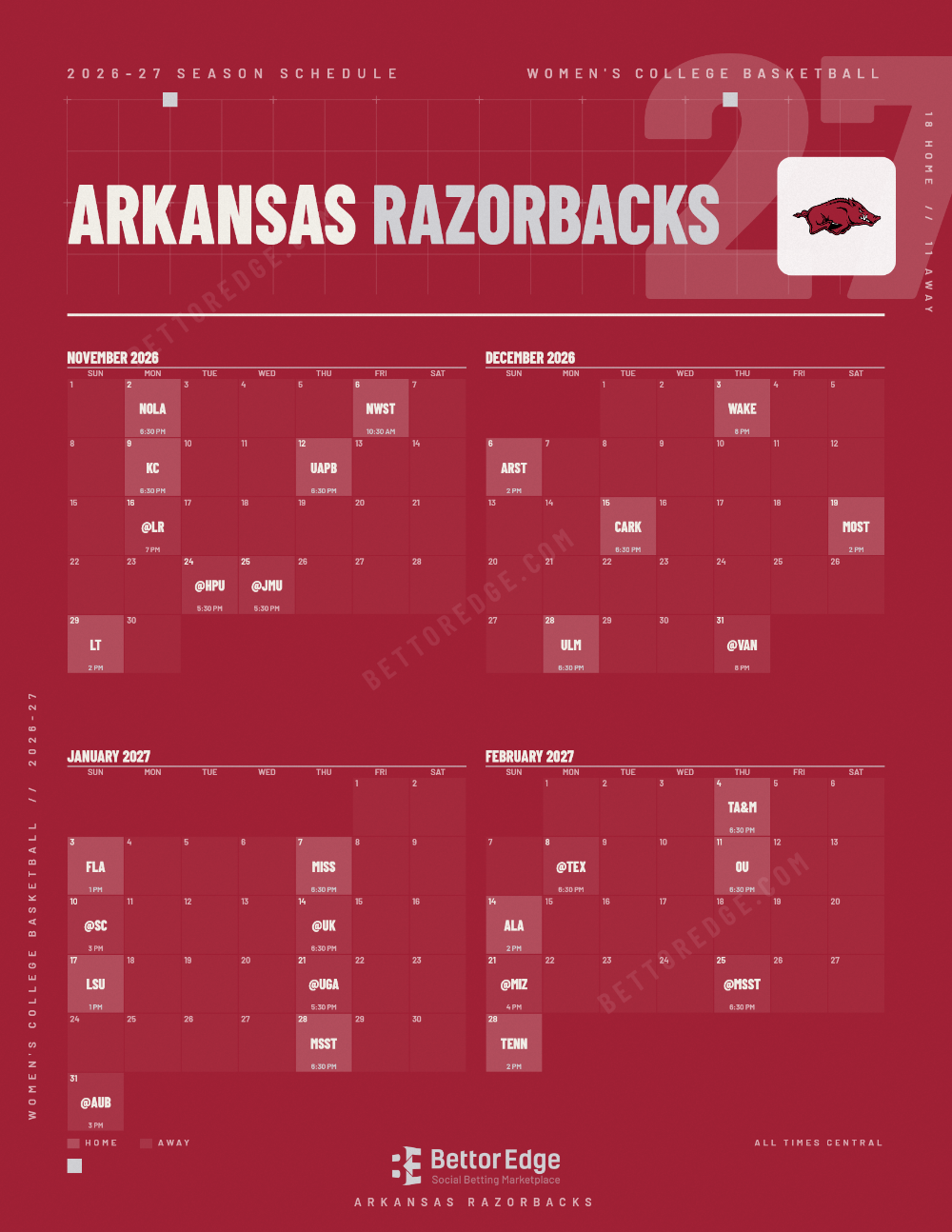 Arkansas Razorbacks 2026-27 women's basketball schedule, free printable, every game with start times and TV