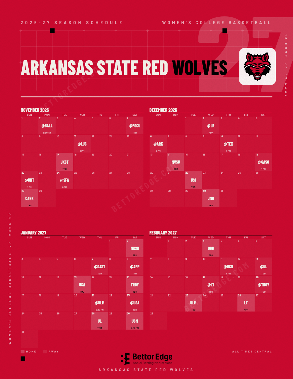 Arkansas State Red Wolves 2026-27 women's basketball schedule, free printable, every game with start times and TV
