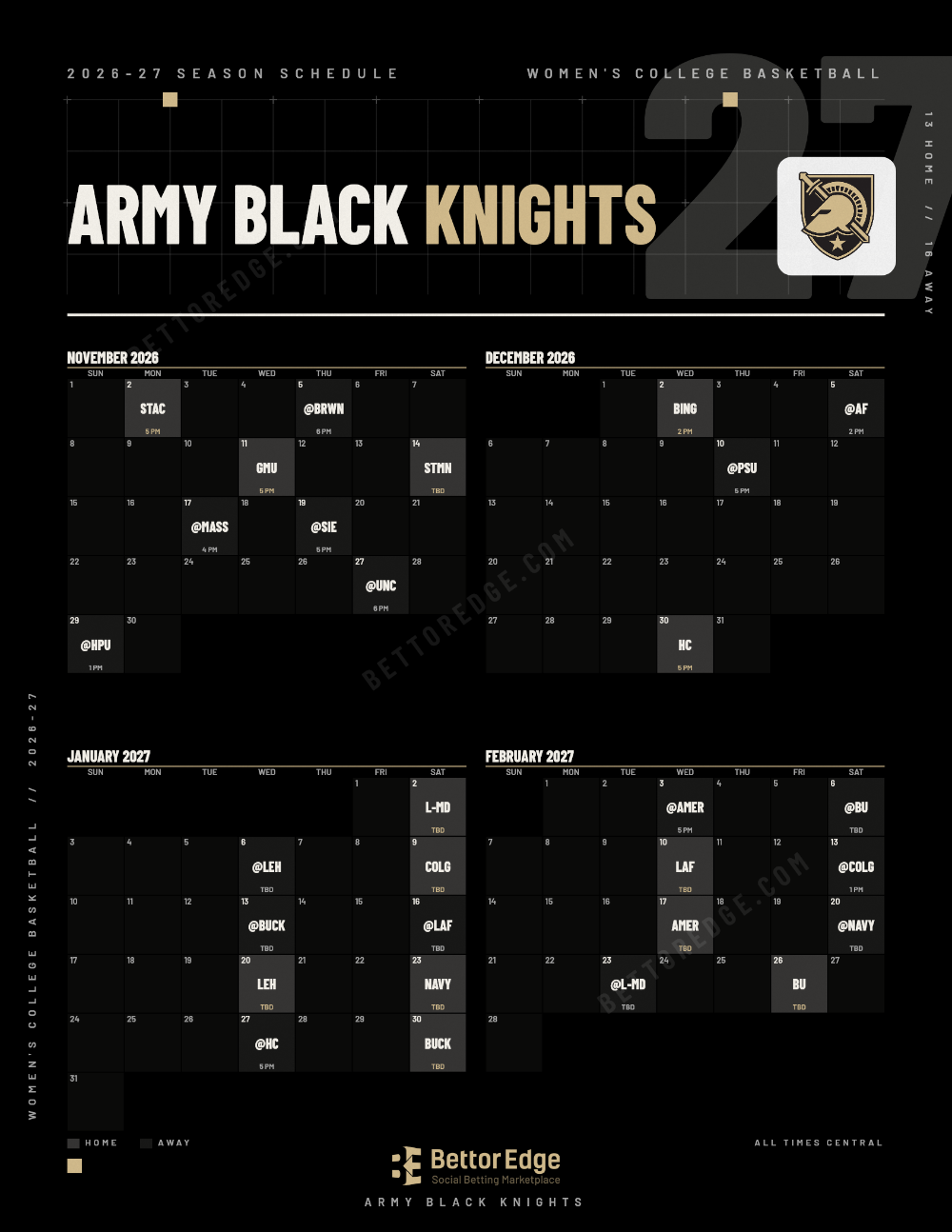 Army Black Knights 2026-27 women's basketball schedule, free printable, every game with start times and TV