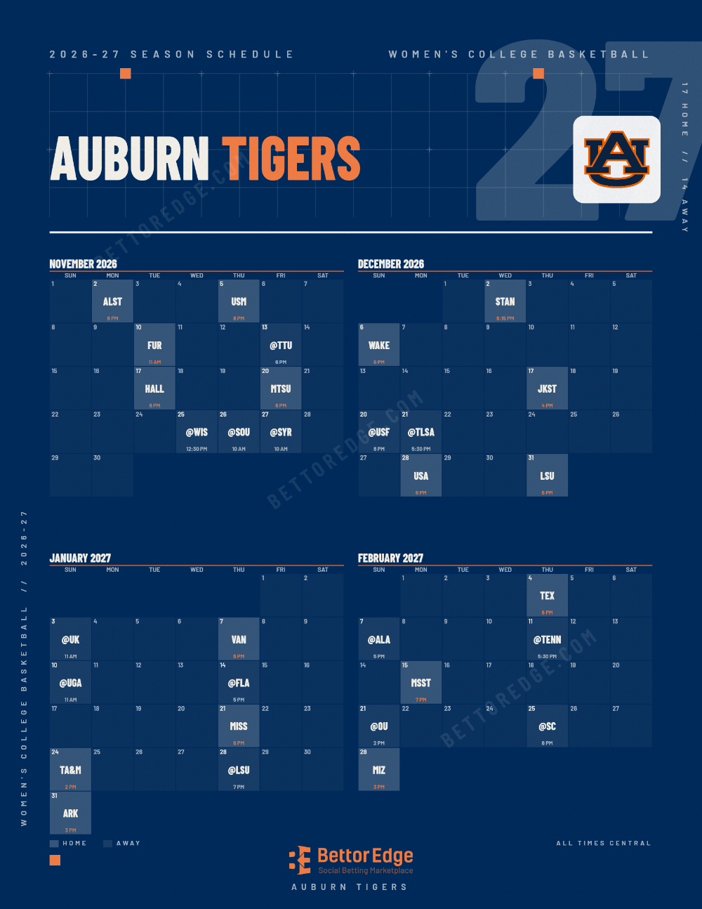Auburn Tigers 2026-27 women's basketball schedule, free printable, every game with start times and TV