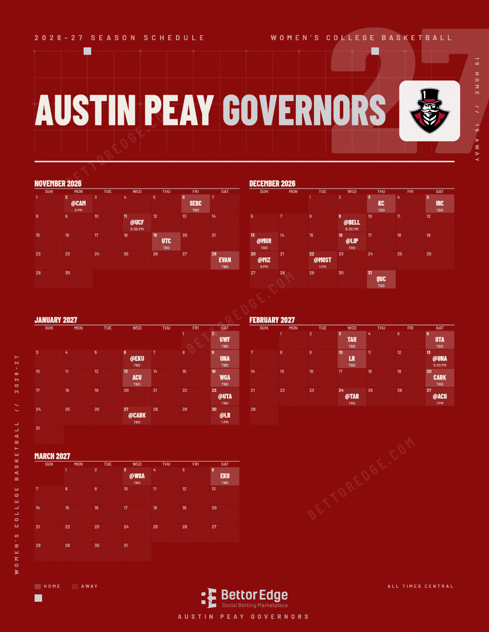 Austin Peay Governors 2026-27 women's basketball schedule, free printable, every game with start times and TV