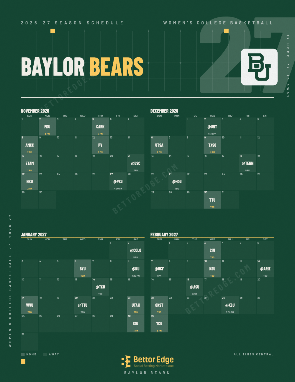 Baylor Bears 2026-27 women's basketball schedule, free printable, every game with start times and TV