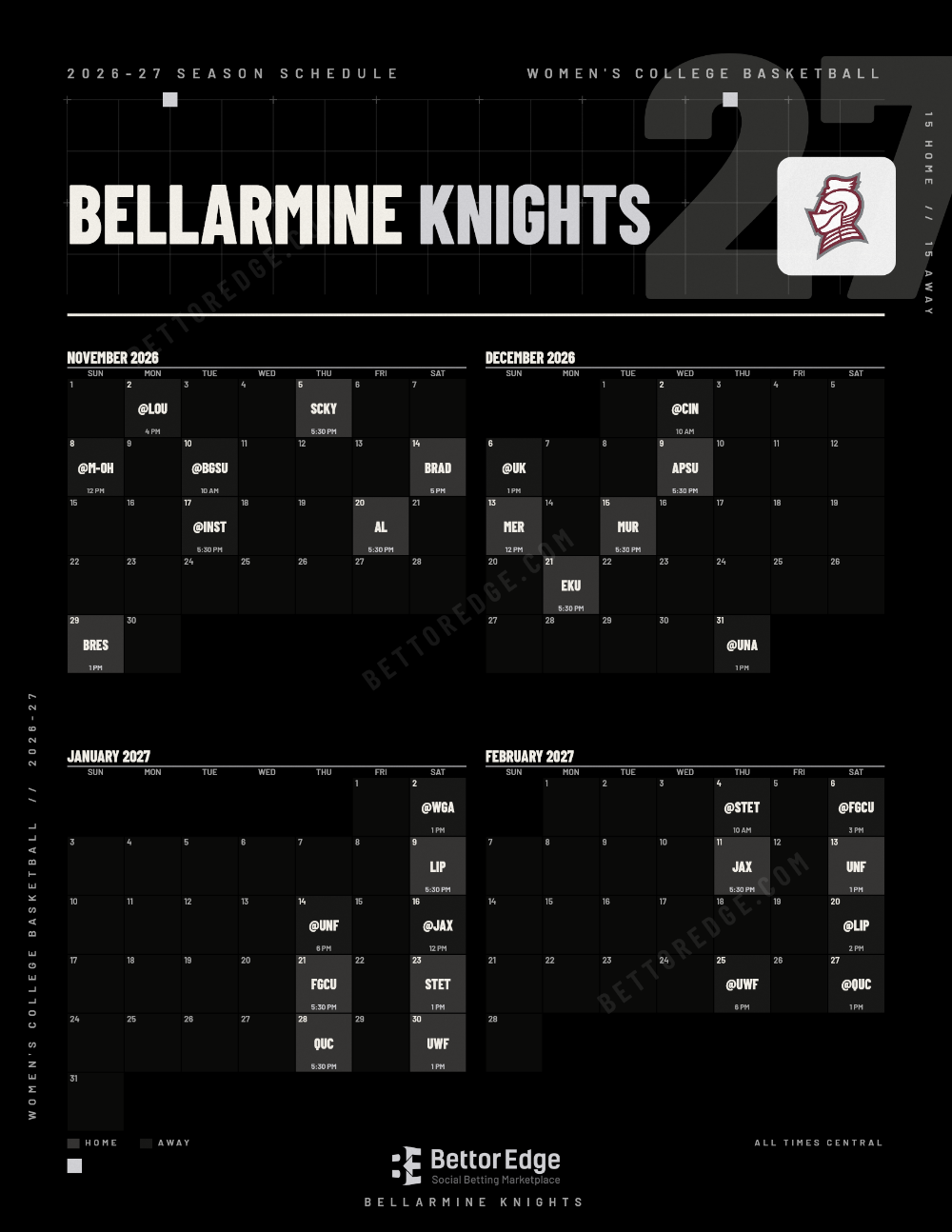 Bellarmine Knights 2026-27 women's basketball schedule, free printable, every game with start times and TV