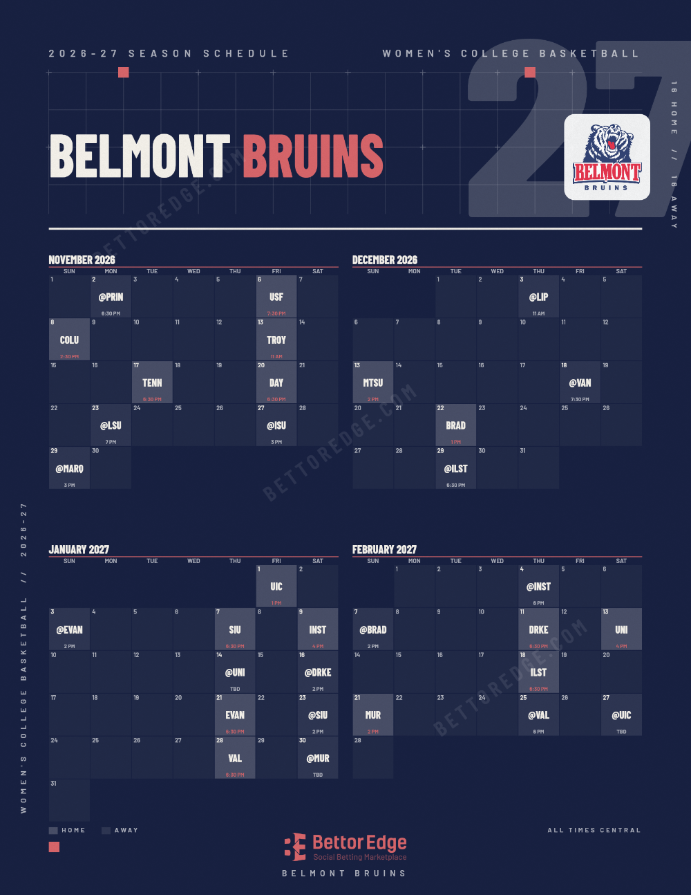 Belmont Bruins 2026-27 women's basketball schedule, free printable, every game with start times and TV