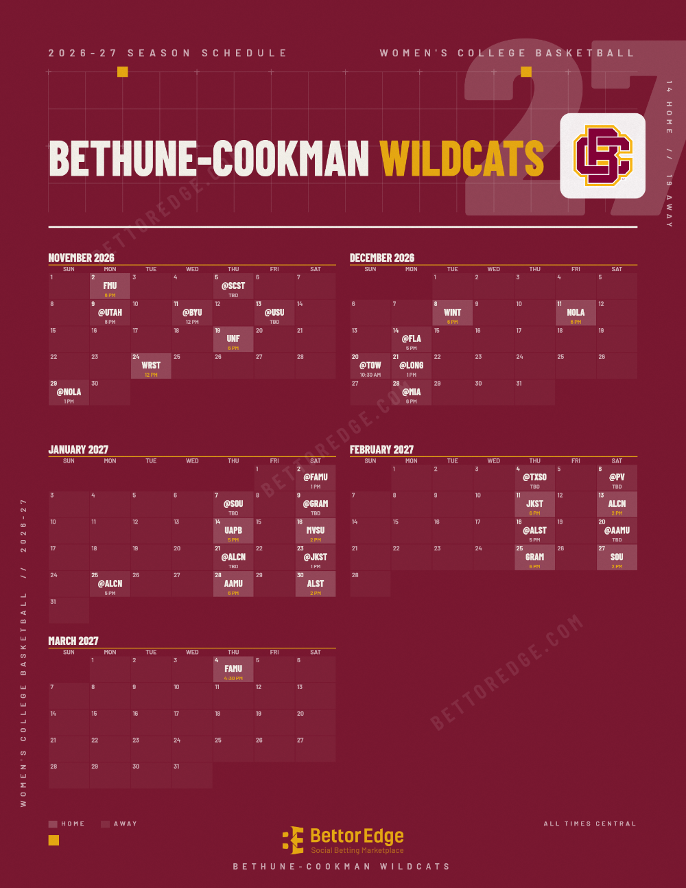Bethune-Cookman Wildcats 2026-27 women's basketball schedule, free printable, every game with start times and TV