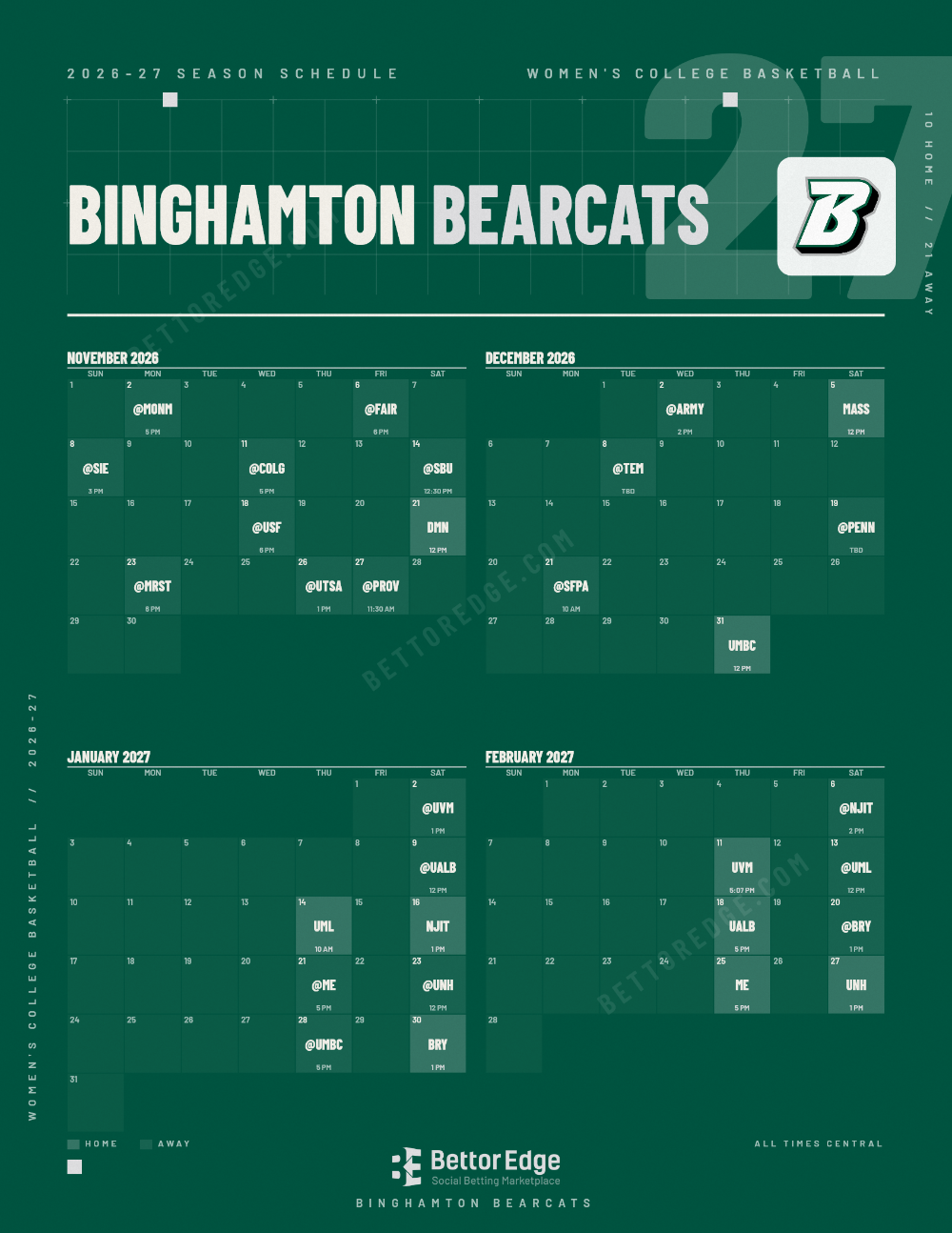 Binghamton Bearcats 2026-27 women's basketball schedule, free printable, every game with start times and TV