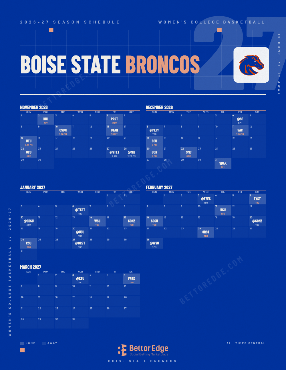 Boise State Broncos 2026-27 women's basketball schedule, free printable, every game with start times and TV