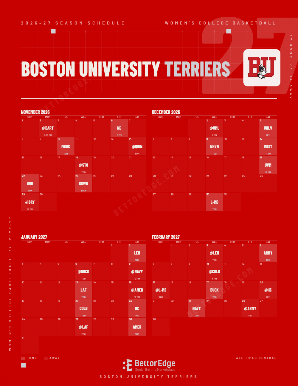 Boston University Terriers 2026-27 women's basketball schedule, free printable, every game with start times and TV