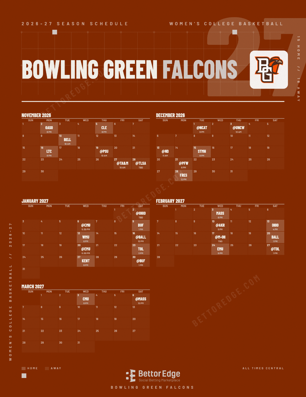 Bowling Green Falcons 2026-27 women's basketball schedule, free printable, every game with start times and TV