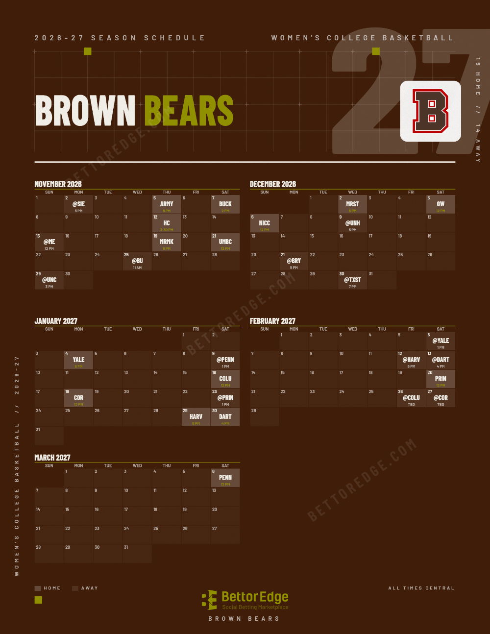 Brown Bears 2026-27 women's basketball schedule, free printable, every game with start times and TV